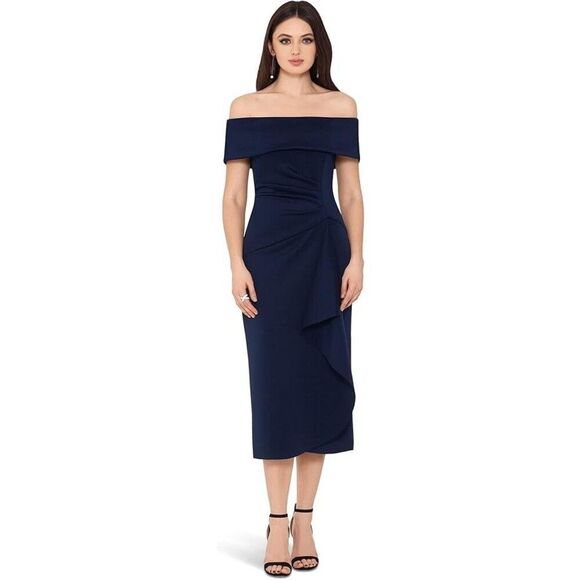 XSCAPE Scuba Crepe Over-the-Shoulder Side Ruched Dress Women's 8 Navy ERK763 - Picture 1 of 6
